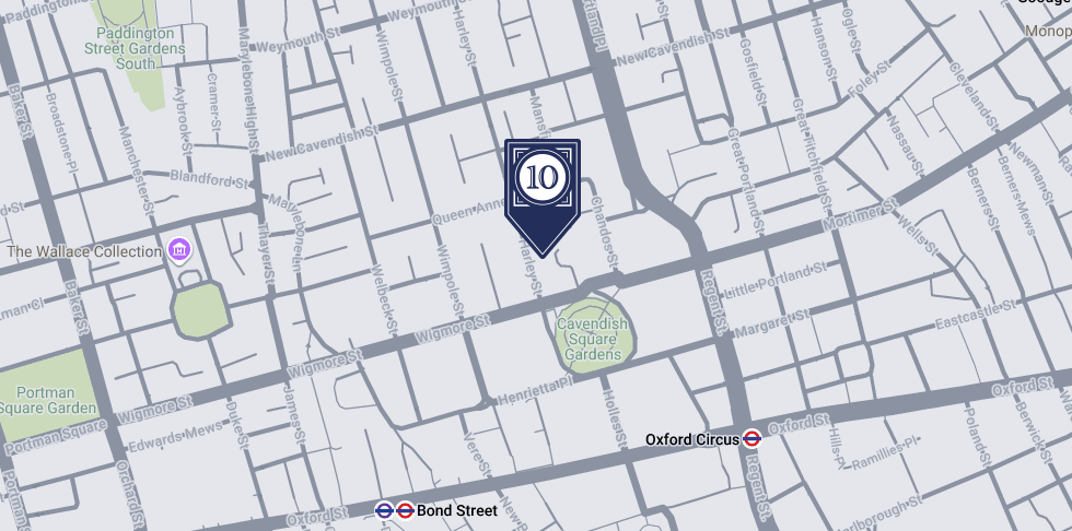 Map showing 10 Harley Street in Marylebone, between Bond Street and Oxford Circus stations