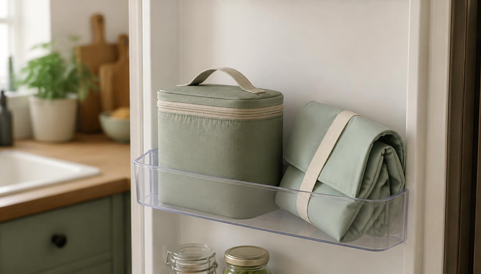 An insulated travel pouch and a folded cool bag on a fridge door shelf