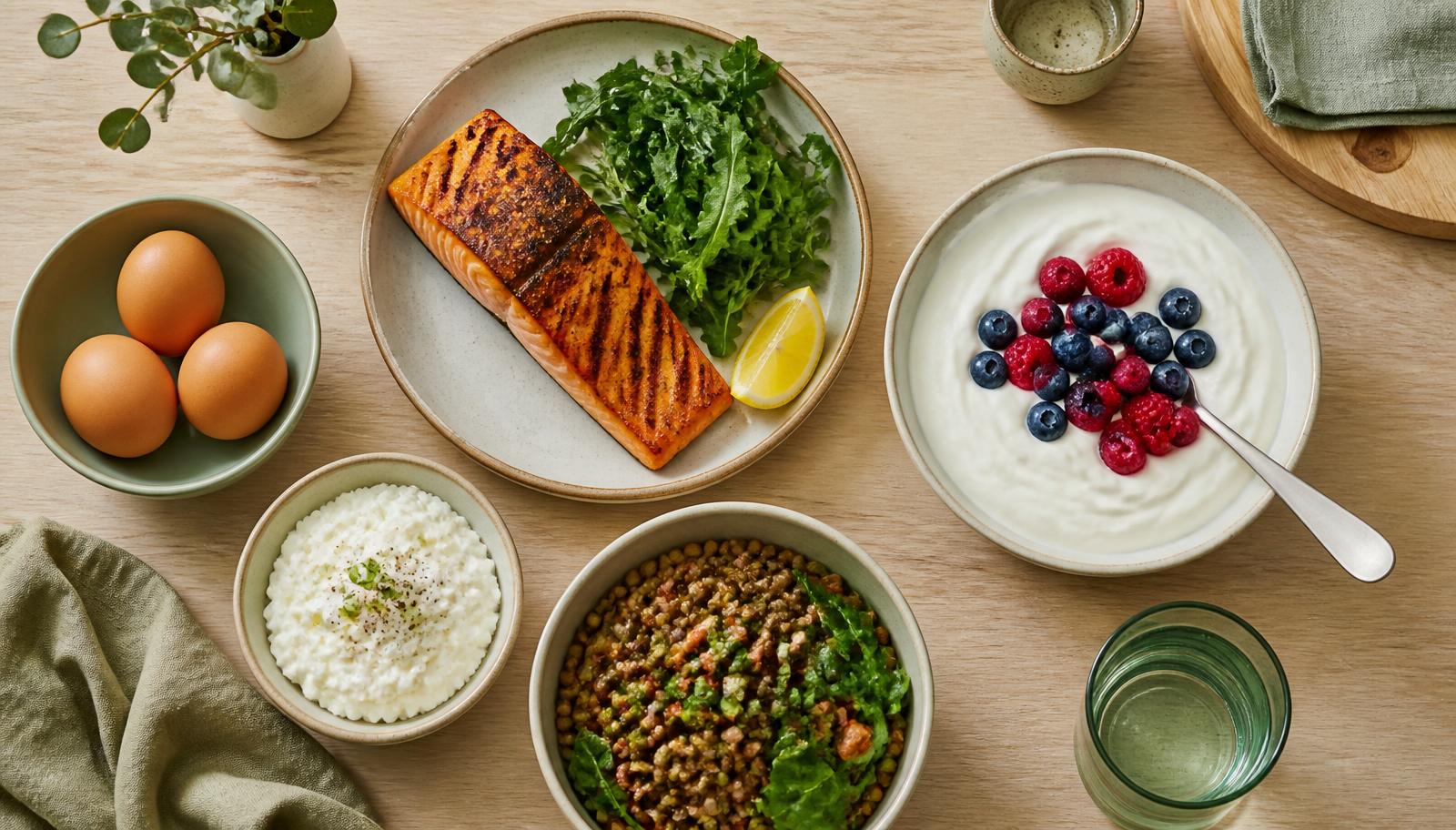 An overhead table of protein-rich food: salmon, eggs, yoghurt, cottage cheese and lentils