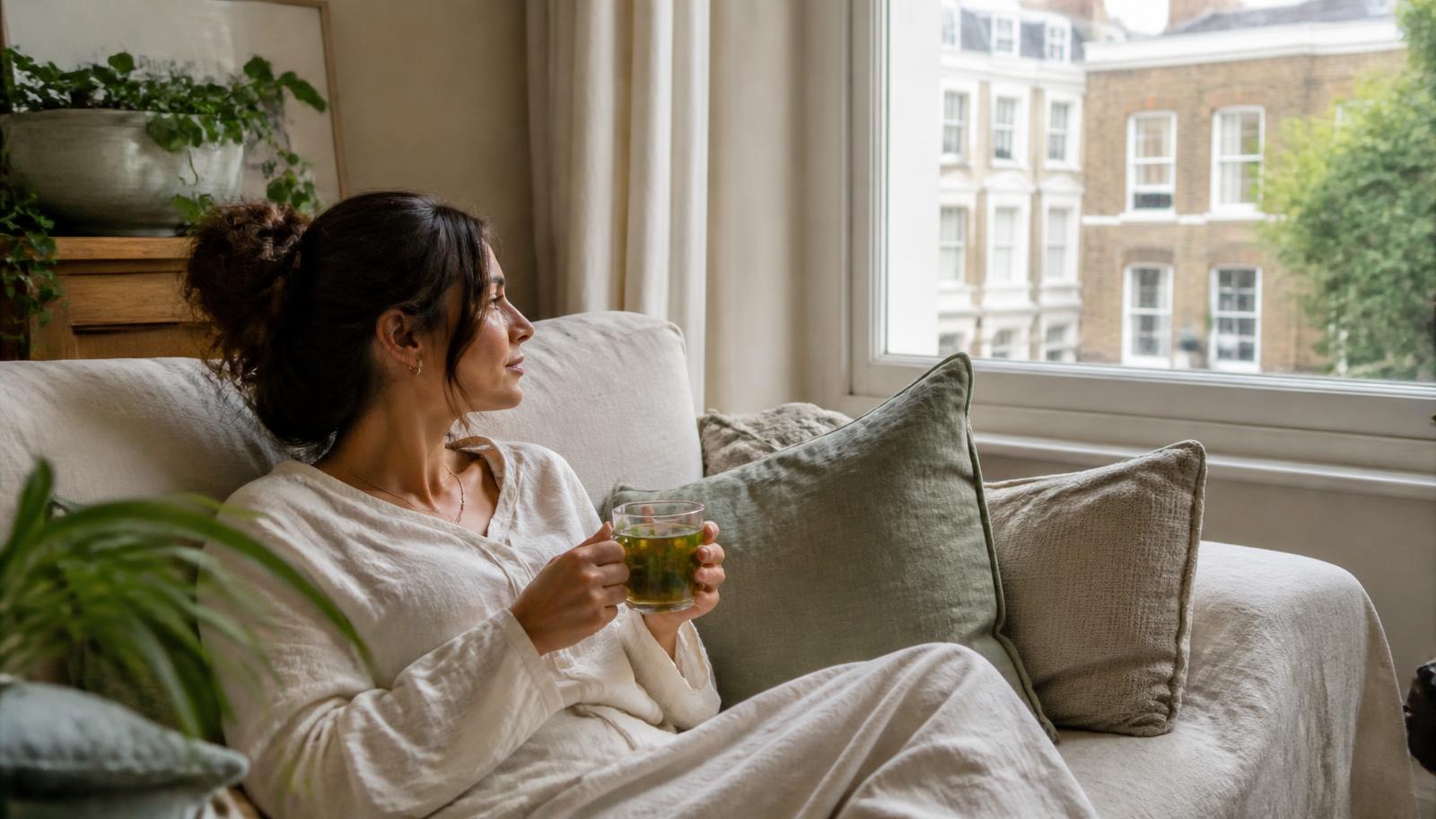 A woman resting on a sofa with a mug of herbal tea by a window