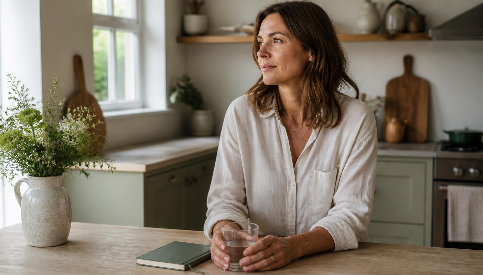 A woman standing at a kitchen counter with a glass of water and a diary