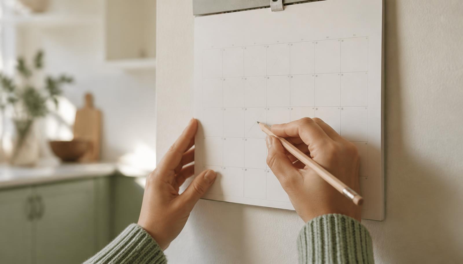 Hands marking changeover dates on a paper wall calendar