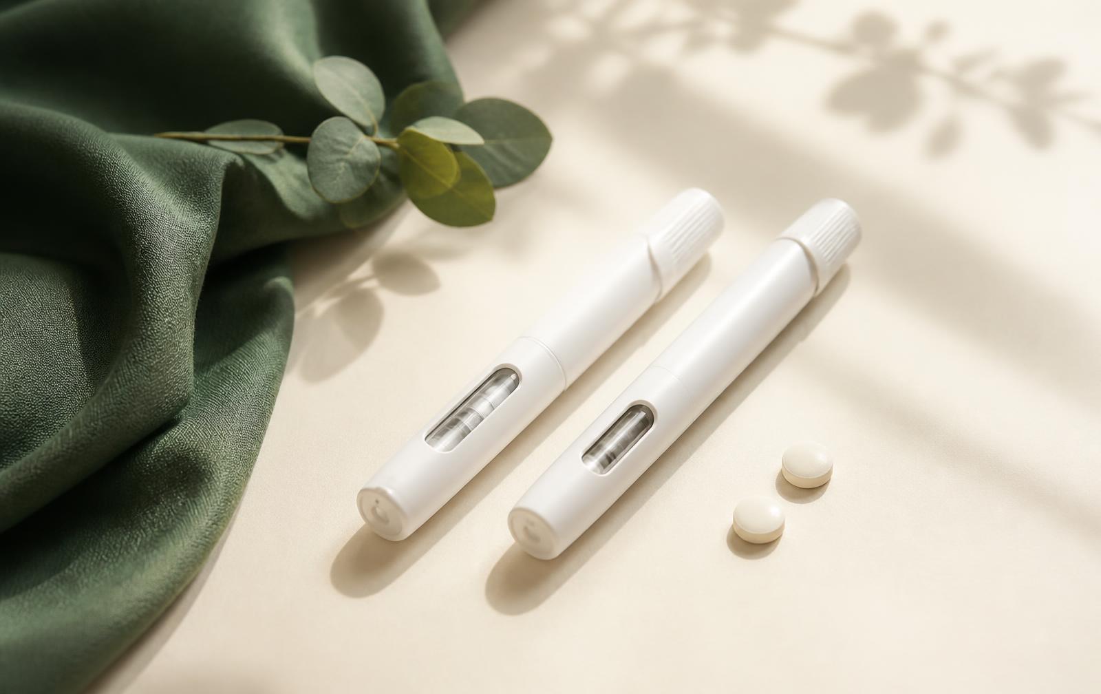 Two weight loss injection pens and two daily tablets on a cream surface